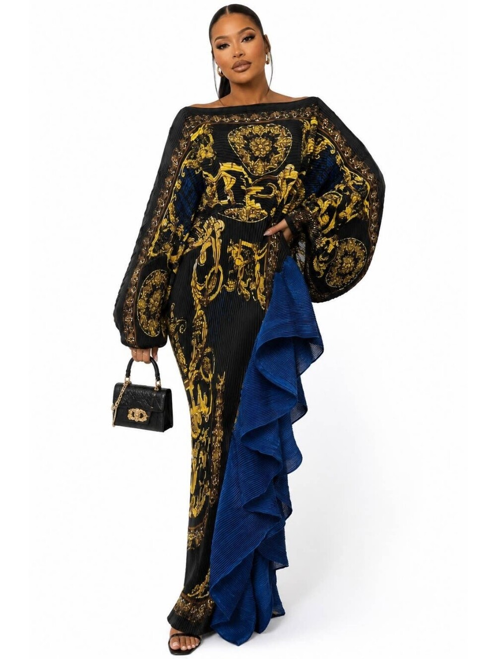 Black & Gold Baroque Maxi Dress with Royal Blue Ruffle